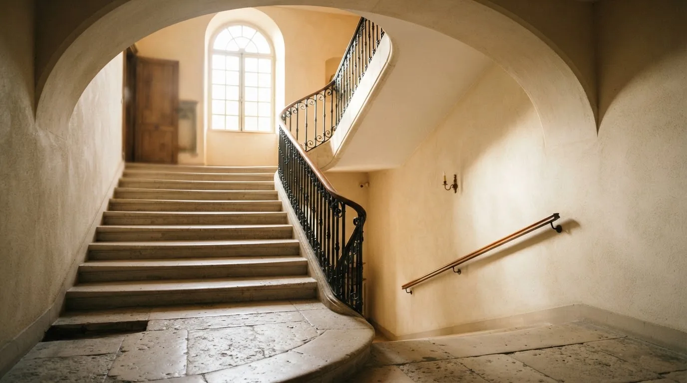 Ein Treppenhaus aus hellem Stein führt in einem Altbau nach oben, Licht fällt durch ein hohes Fenster.